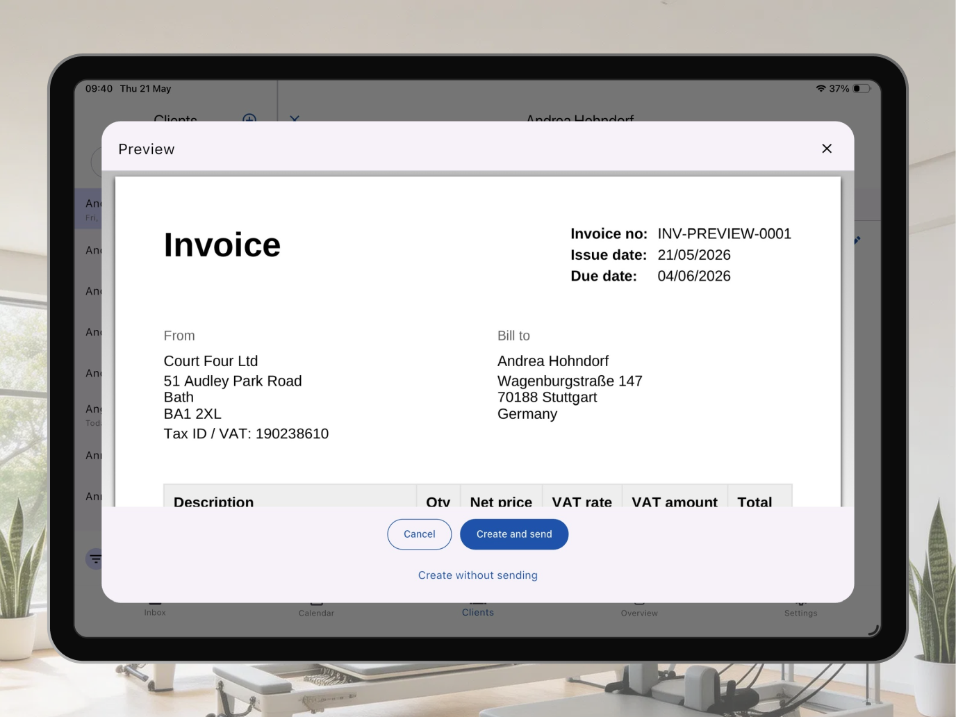 Bobclass PDF invoice preview showing a formatted invoice with IBAN payment details